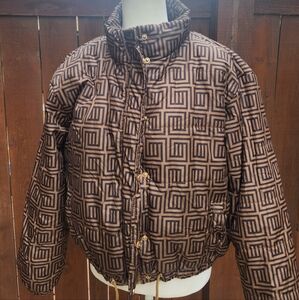 Ashley By 26 International Black and Brown Patterned Puffer Jacket